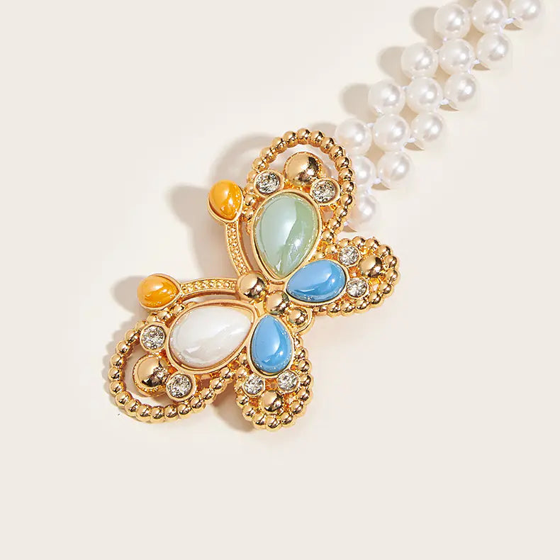 Women's Pearl Beaded Belt with Butterfly Buckle Decoration