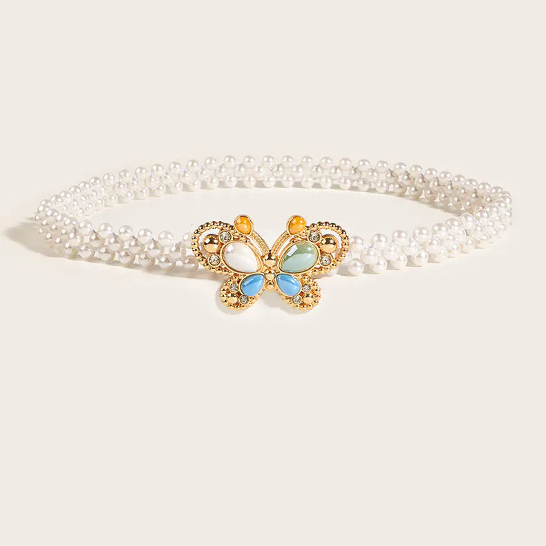 Women's Pearl Beaded Belt with Butterfly Buckle Decoration