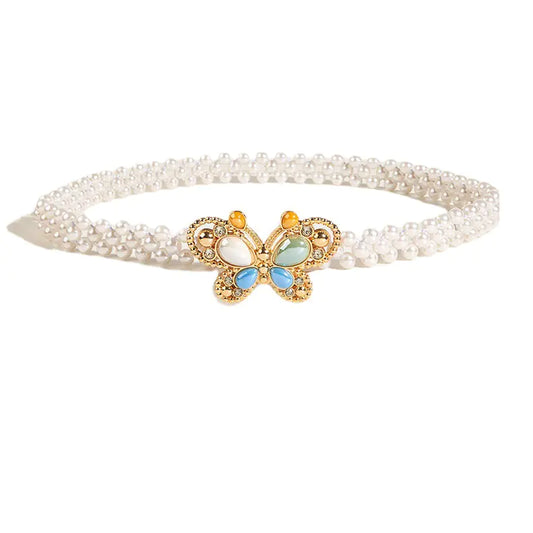Women's Pearl Beaded Belt with Butterfly Buckle Decoration